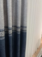 Keten Zemin Versace Desen 1/2,50 Pile Fon Perde  Lacivert 90 x 270 - 3
