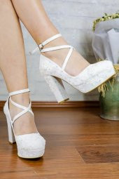 Sedef Beyaz Dantel Kumaş Topuklu Abiye Gelin Ayakkabısı - 1