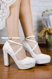 Sedef Beyaz Dantel Kumaş Topuklu Abiye Gelin Ayakkabısı - 2