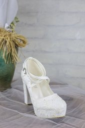 Sedef Beyaz Dantel Kumaş Topuklu Abiye Gelin Ayakkabısı - 5