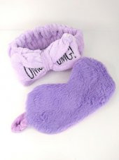 Lilalı Set Peluş Uyku Bandı Saç Bagı Bandana Banyo Makyaj Kız Çocuk Hediye Seti - 1
