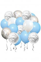 Beysüs 15 li Gümüş Konfetili 5 Şeffaf Balon 5 Makaron Mavi 5 Metalik Gri Balon Seti - 1