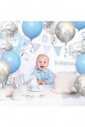 Beysüs 15 li Gümüş Konfetili 5 Şeffaf Balon 5 Makaron Mavi 5 Metalik Gri Balon Seti - 3