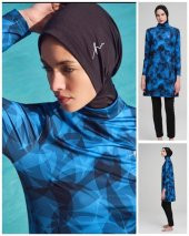 HAŞEMA NERGİS SAKS MAVİSİ DESENLİ LİKRALI SİYAH TESETTÜR MAYO - 7