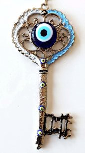 Gümüş Kaplama Nazar Boncuklu Beyaz Ve Mavi Nostaljik Anahtar Şekilli Duvar Süsü thumbnail 1