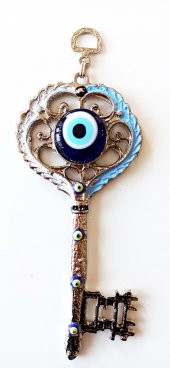 Gümüş Kaplama Nazar Boncuklu Beyaz Ve Mavi Nostaljik Anahtar Şekilli Duvar Süsü thumbnail 2