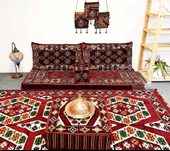 Shark Anatolia  Afgan Desenli Şark Köşesi İkili Sedir Takımı Bordo - 1