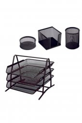 Exxo File Metal Ofis Seti Metal 3lü Evrak Rafı Kalemlik Ataşlık Küpnotluk - 1