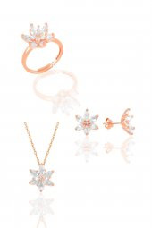 Gümüş rose  taşlı nilüfer lotus çiçeği üçlü set thumbnail 2