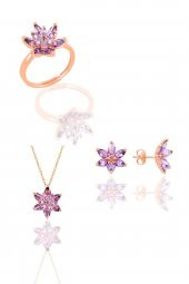 Gümüş rose  taşlı nilüfer lotus çiçeği üçlü set thumbnail 4