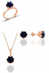 Gümüş Lotus çiçeği modeli safir renkli taşlı üçlü set - 1
