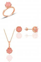 Gümüş Lotus çiçeği modeli pembe renkli taşlı üçlü set thumbnail 1