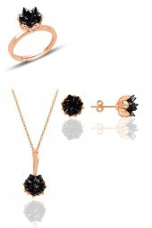 Gümüş Lotus çiçeği modeli onix renkli taşlı üçlü set thumbnail 1