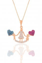 Gümüş rose kök yakut ve turkuaz taşlı kalpli anne ve çocuklar kolye - 1