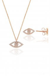 Gümüş rose zirkon taşlı göz kolye ve küpe gümüş ikili set thumbnail 1