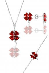 Gümüş rodyumlu lal  renkli yonca modeli üçlü set thumbnail 1