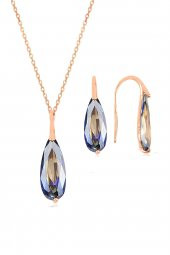 Gümüş rose mavi mistik  taşlı damla kolye ve küpe ikili gümüş set thumbnail 1