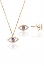 Gümüş rose zirkon taşlı safir göz kolye ve küpe gümüş ikili set - 1