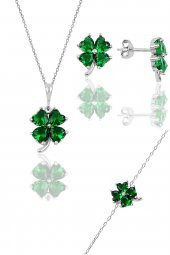 Gümüş rodyumlu zümrüt  renkli yonca modeli üçlü set thumbnail 1