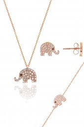 Gümüş Rose Zirkon Taşlı Fil Kolye Bileklik Ve Küpe Gümüş Üçlü Set - 1