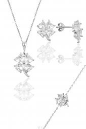 Gümüş rodyumlu zirkon taşlı yonca modeli üçlü set - 1