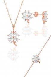 Gümüş rose zirkon taşlı yonca modeli üçlü set - 1