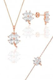 Gümüş rose zirkon taşlı yonca modeli üçlü set - 2