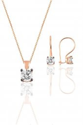 Gümüş rose tek taş  kolye ve çengelli küpe gümüş  set thumbnail 1