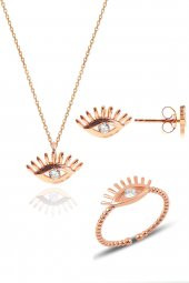 Gümüş rose zirkon taşlı kirpikli göz kolye, yüzük  ve küpe gümüş üçlü set thumbnail 1