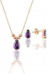 Gümüş rose ametis renkli dorica damla kolye ve çivi modeli küpe seti - 1