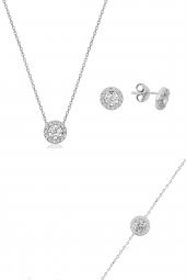 Gümüş rodyumlu pırlanta montürlü kolye bileklik ve küpe gümüş üçlü  set thumbnail 1