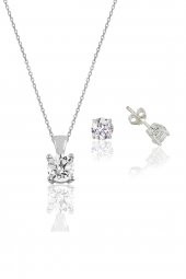 Gümüş rodyumlu tek taş kolye ve küpe gümüş set thumbnail 1