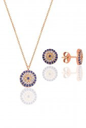 Gümüş rose zirkon taşlı nazar kolye ve küpe gümüş ikili set thumbnail 1