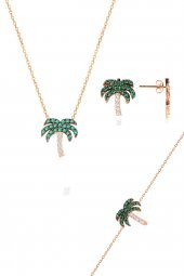 Gümüş rose yeşil taşlı palmiye gümüş üçlü set thumbnail 1