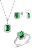 Gümüş rodyumlu kök zümrüt baget taşlı üçlü set SGTL10733YSL thumbnail 1