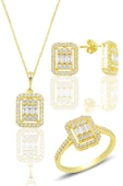 Gümüş altın yaldızlı gümüş baget taşlı üçlü set SGTL10480GOLD - 1