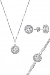 Gümüş zirkon taşlı yuvarlak pırlanta montürlü gümüş üçlü set thumbnail 1