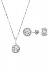 Gümüş zirkon taşlı yuvarlak pırlanta montürlü gümüş ikili set thumbnail 1