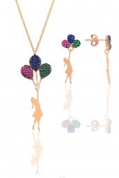 Gümüş rose balonlu kız kolye ve küpe gümüş set - 1