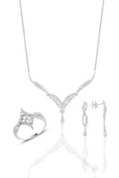 Gümüş rodyumlu  pırlanta modeli beyaz altın görünümlü kolye küpe ve yüzük seti SGTL10942 thumbnail 1