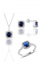 Gümüş rodyumlu safir taşlı kare üçlü set SGTL10762SAFIR thumbnail 1