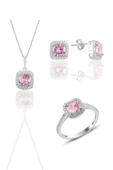 Gümüş rodyumlu pembe taşlı kare üçlü set SGTL10762PEMBE thumbnail 1