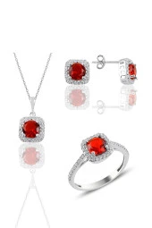 Gümüş rodyumlu kırmızı taşlı kare üçlü set SGTL10762KIRMIZI thumbnail 1