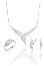 Gümüş rodyumlu  pırlanta modeli beyaz altın görünümlü kolye küpe ve yüzük seti SGTL10952 thumbnail 1