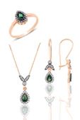 Gümüş rose kök zümrüt  taşlı damla üçlü set  SGTL10988ZUMRUT thumbnail 1