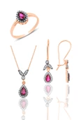 Gümüş rose kök yakut taşlı damla üçlü set  SGTL10988YAKUT - 1