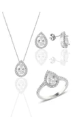 Gümüş rodyumlu zirkon taşlı damla modeli üçlü set SGTL11003BEYAZ - 1
