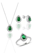 Gümüş rodyumlu kök zümrüt taşlı damla modeli üçlü set SGTL11003YESIL thumbnail 1