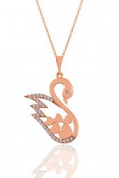 Gümüş rose zirkon taşlı kalpli kuğu kolye - 1