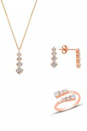 Gümüş rose zirkon taşlı pırlanta modeli pırıltı üçlü set thumbnail 1